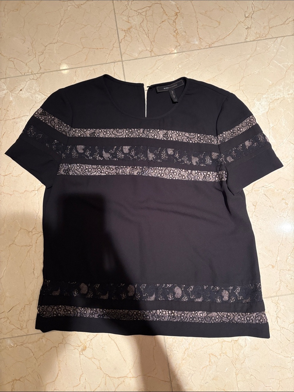 BCBGMaxAzria Black Lace-Trim Short Sleeve Top